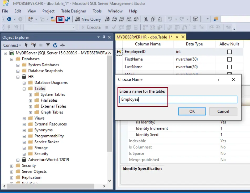 Create a New Table in SQL Server